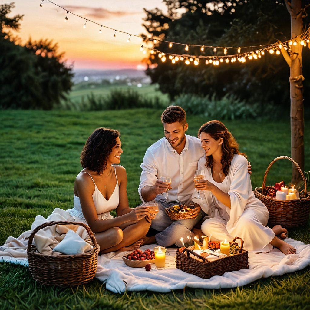 A cozy, candle-lit outdoor setting with a blanket spread on soft grass, featuring a romantic picnic setup with a basket full of gourmet treats and two glasses of sparkling wine. In the background, a beautiful sunset casts a warm glow, while playful string lights hang overhead. A couple, joyfully engaged in a fun board game, surrounded by nature's beauty, encapsulating the essence of bonding and togetherness. soft-focus. warm tones. 3D.