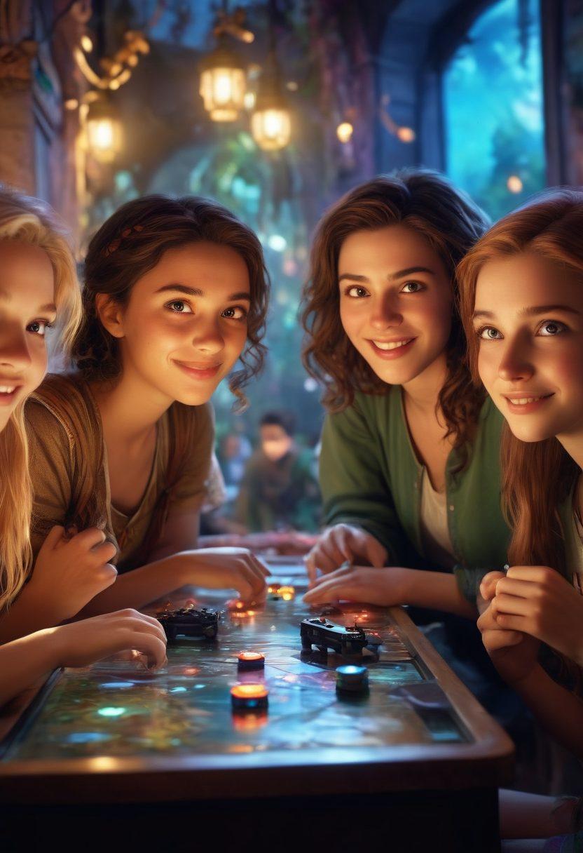 A vibrant scene depicting a diverse group of friends engaging in a multiplayer video game, showcasing their intense focus and joy. The background features whimsical fantasy landscapes filled with magical creatures and treasure, symbolizing adventure and camaraderie. Emphasize the diversity of characters and the glowing screens illuminating their faces, reflecting the excitement of shared experiences. super-realistic. vibrant colors. dynamic composition.