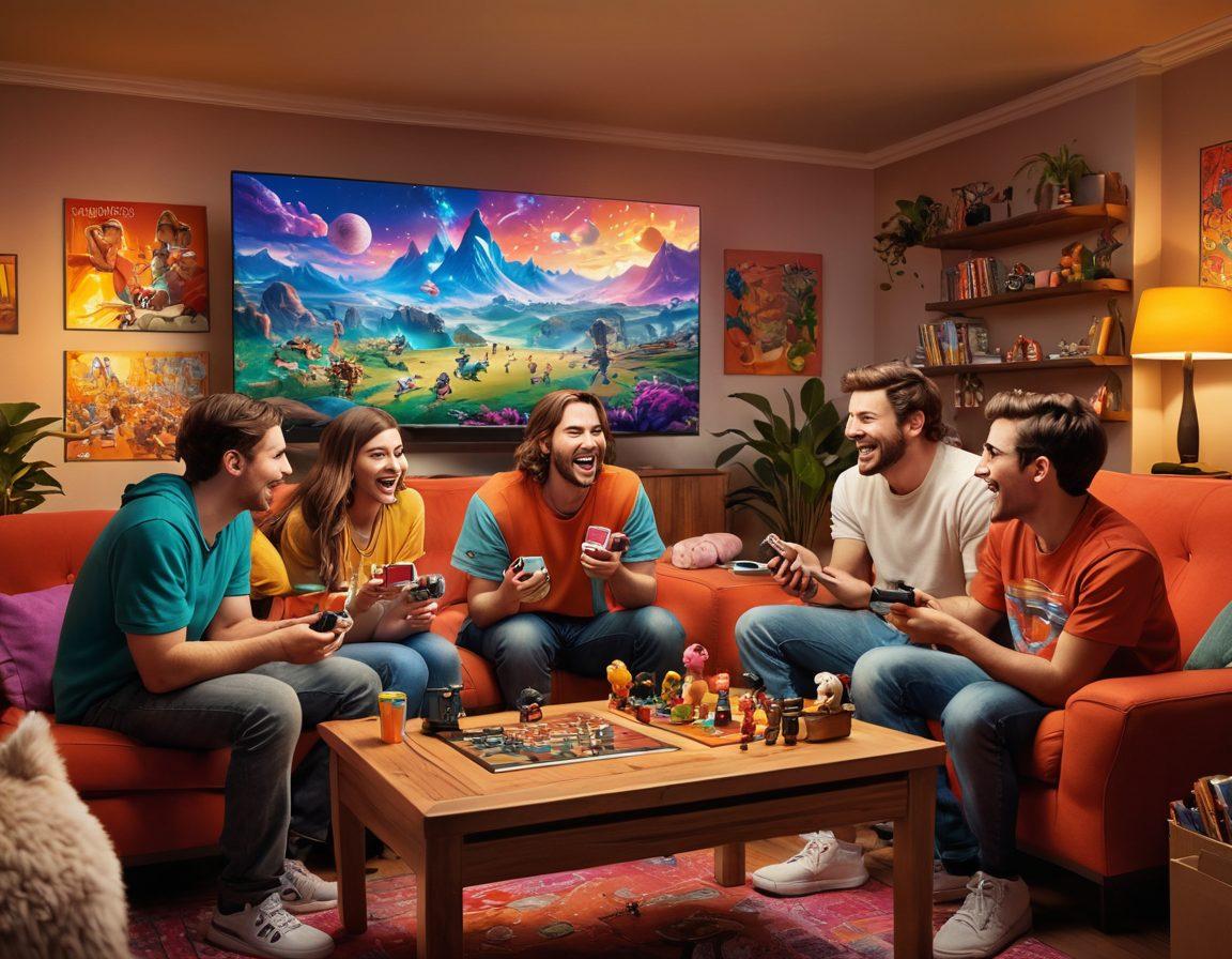 A vibrant scene of a diverse group of friends gathered around a gaming console, laughing and high-fiving each other in excitement. The room is filled with colorful game posters, plush toys, and snacks, creating an inviting atmosphere. Include a large TV screen displaying a fantastical game world, with animated characters and vivid colors. Warm and playful lighting enhances the joyful mood of friendship and bonding through gaming. cartoon style. bright colors. dynamic composition.
